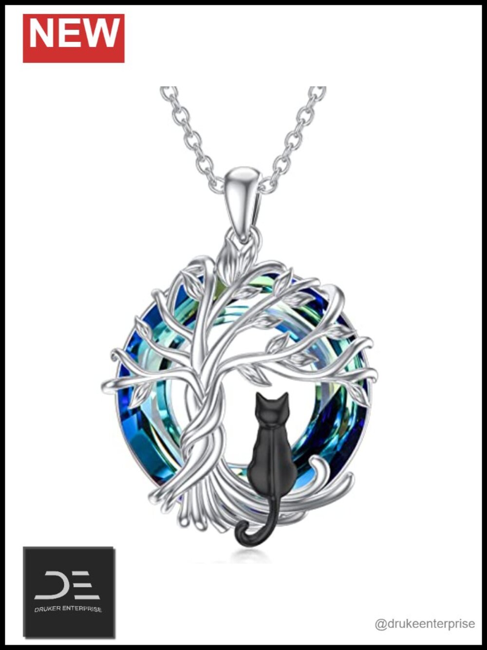 TOUPOP Sterling Silver Cat Necklace Tree of Life Pendant Crystal